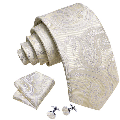 Light Yellow Silver Paisley Silk Tie, Pocket Square and Cufflinks Set tie sets    - Sophisticated Gentlemen