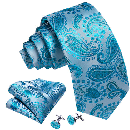 Sky Blue Beautiful Paisley Tie, Pocket Square and Cufflinks Set tie sets    - Sophisticated Gentlemen