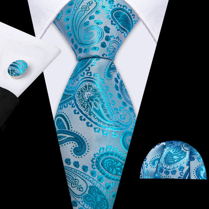 Sky Blue Beautiful Paisley Tie, Pocket Square and Cufflinks Set tie sets    - Sophisticated Gentlemen