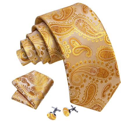 Gold Paisley Silk Tie, Pocket Square and Cufflinks Set tie sets    - Sophisticated Gentlemen
