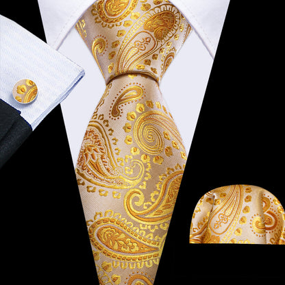 Gold Paisley Silk Tie, Pocket Square and Cufflinks Set tie sets    - Sophisticated Gentlemen