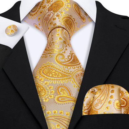 Gold Paisley Silk Tie, Pocket Square and Cufflinks Set tie sets    - Sophisticated Gentlemen
