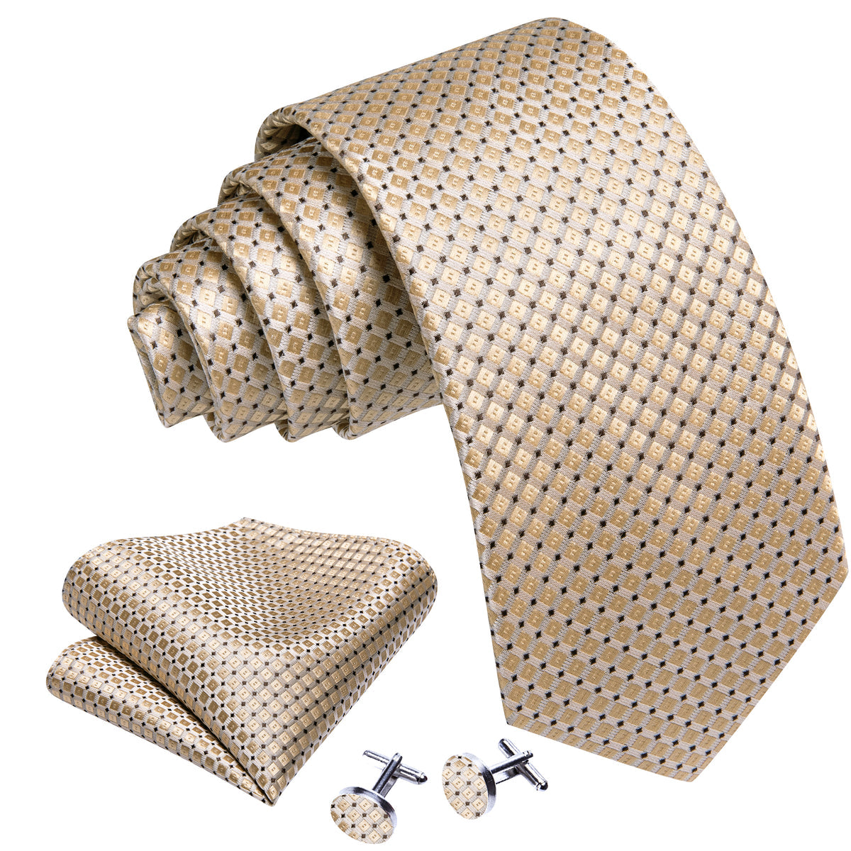 Brown Geometric Silk Tie, Pocket Square and Cufflinks tie sets    - Sophisticated Gentlemen