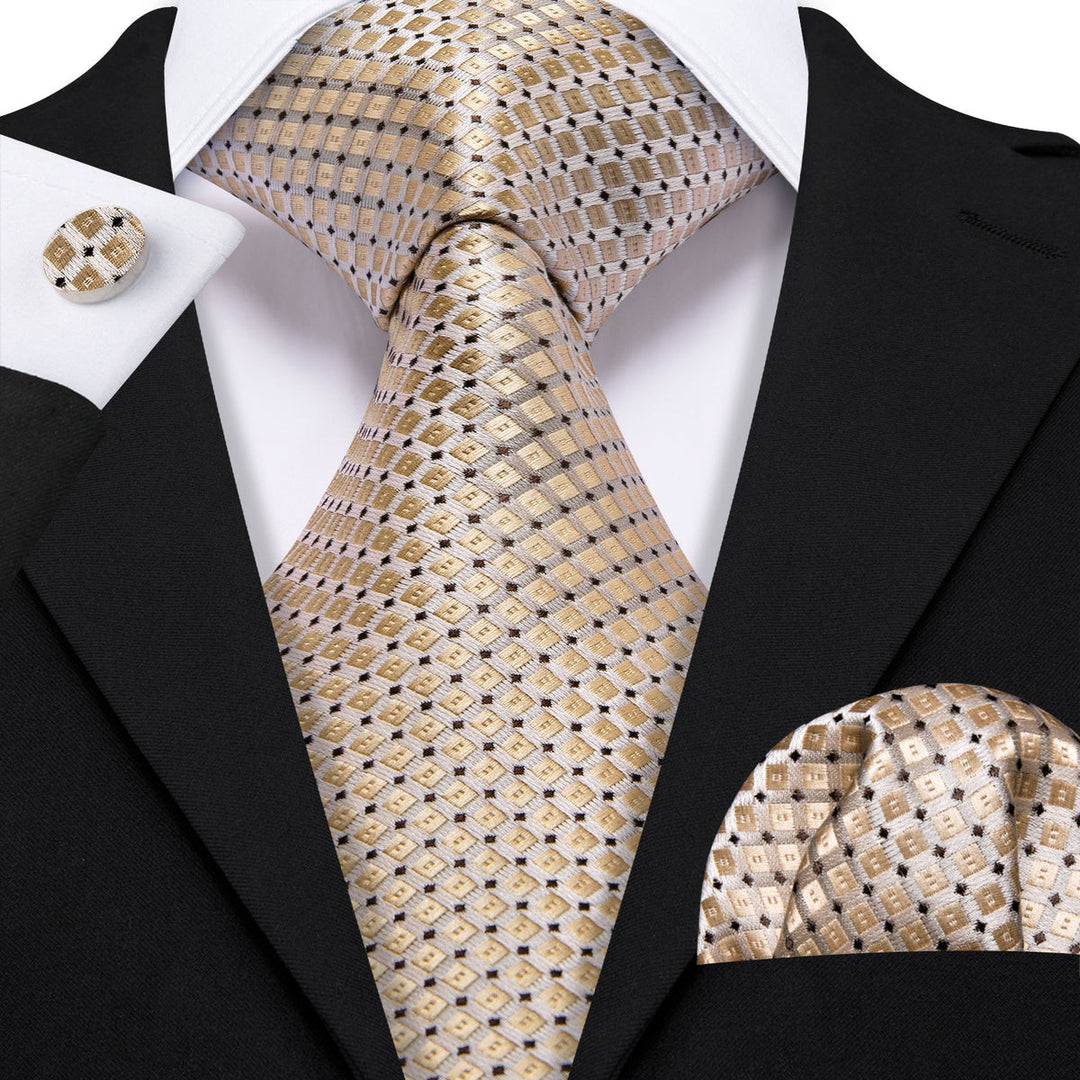 Brown Geometric Silk Tie, Pocket Square and Cufflinks tie sets Default Title - Sophisticated Gentlemen