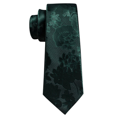 Dark Green Flower Silk Tie, Pocket Square and Cufflinks Set tie sets    - Sophisticated Gentlemen