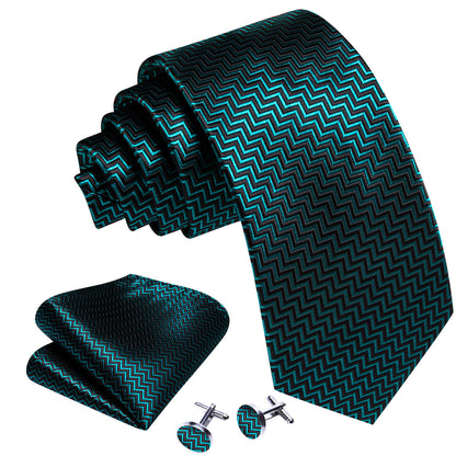 Teal Blue Black Ripple Silk Tie, Pocket Square and Cufflinks Set tie sets    - Sophisticated Gentlemen