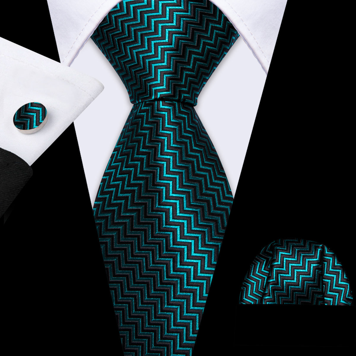 Teal Blue Black Ripple Silk Tie, Pocket Square and Cufflinks Set tie sets    - Sophisticated Gentlemen