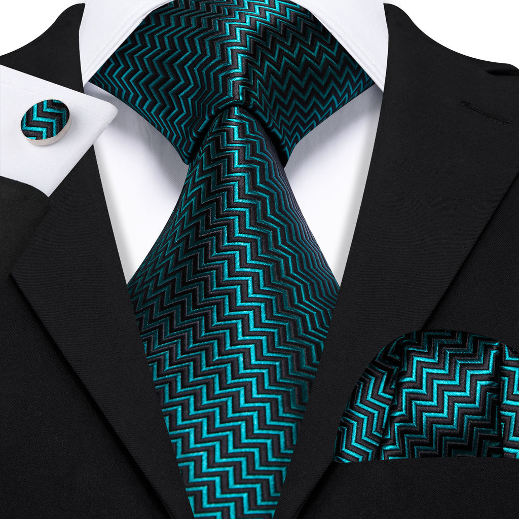 Teal Blue Black Ripple Silk Tie, Pocket Square and Cufflinks Set tie sets    - Sophisticated Gentlemen