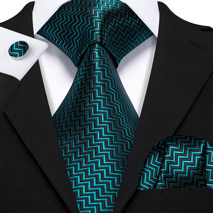 Teal Blue Black Ripple Silk Tie, Pocket Square and Cufflinks Set tie sets    - Sophisticated Gentlemen
