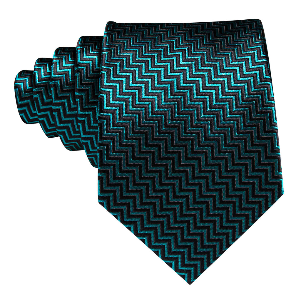 Teal Blue Black Ripple Silk Tie, Pocket Square and Cufflinks Set tie sets    - Sophisticated Gentlemen