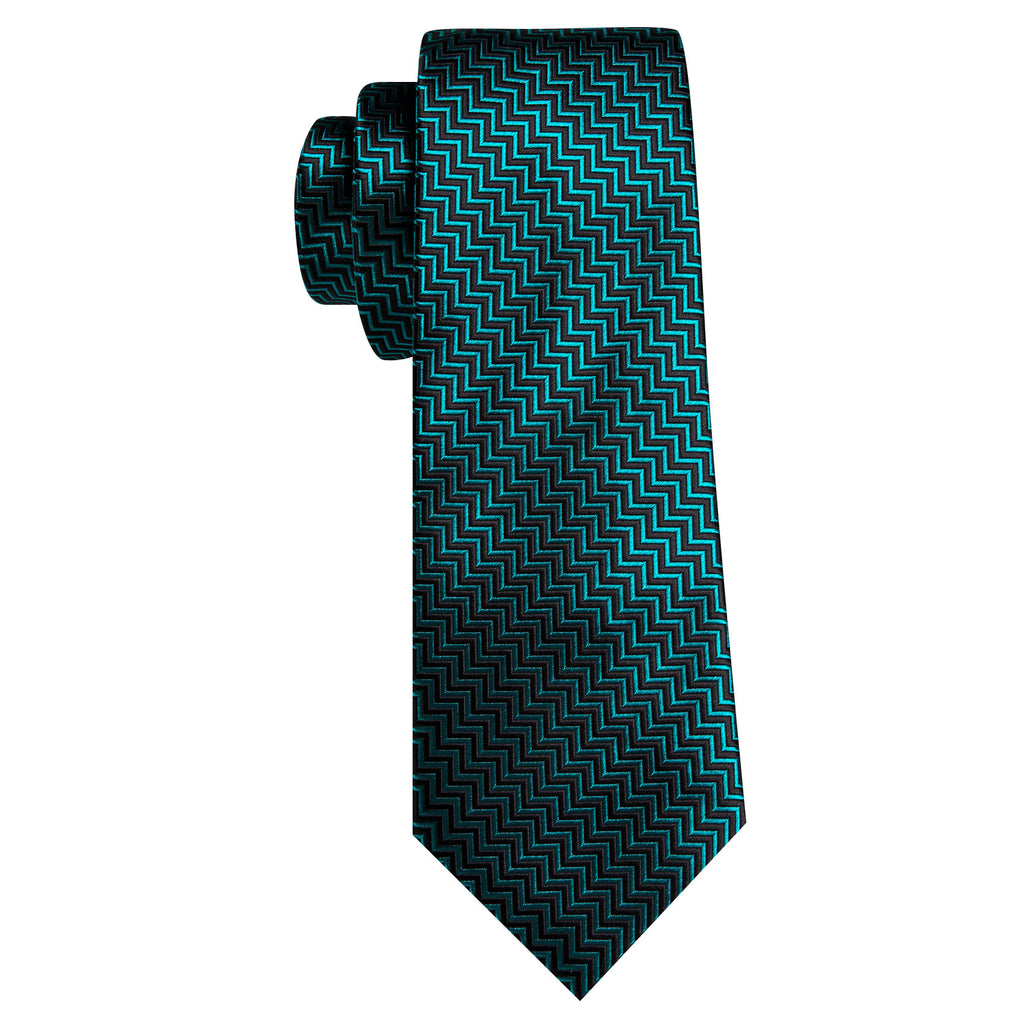 Teal Blue Black Ripple Silk Tie, Pocket Square and Cufflinks Set tie sets    - Sophisticated Gentlemen