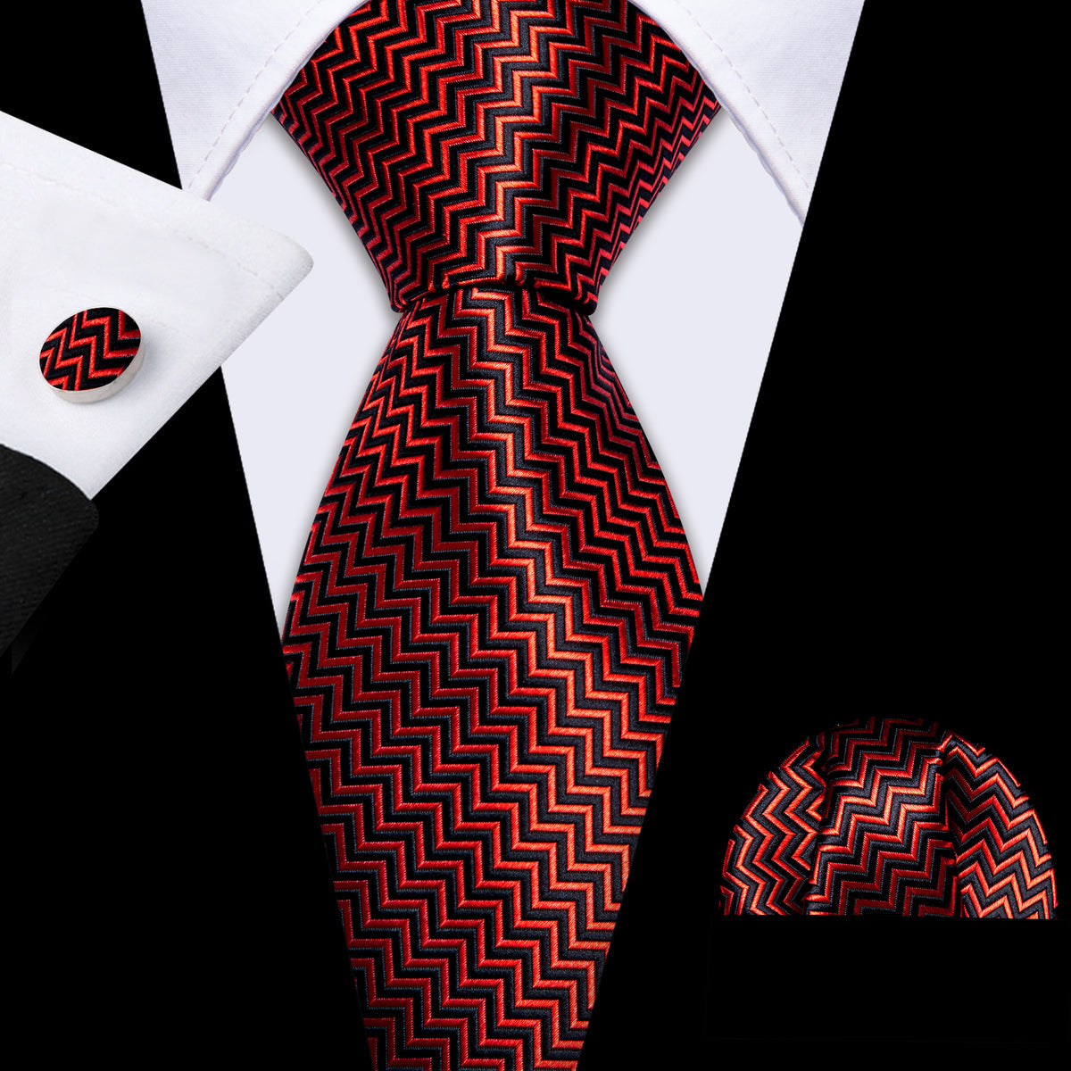 Red Black Striped Silk Tie, Pocket Square and Cufflinks Set tie sets    - Sophisticated Gentlemen