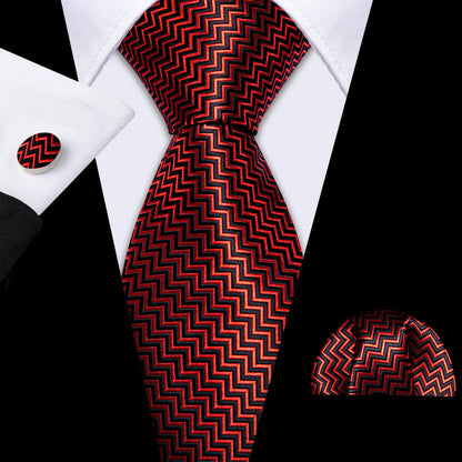 Red Black Striped Silk Tie, Pocket Square and Cufflinks Set tie sets    - Sophisticated Gentlemen