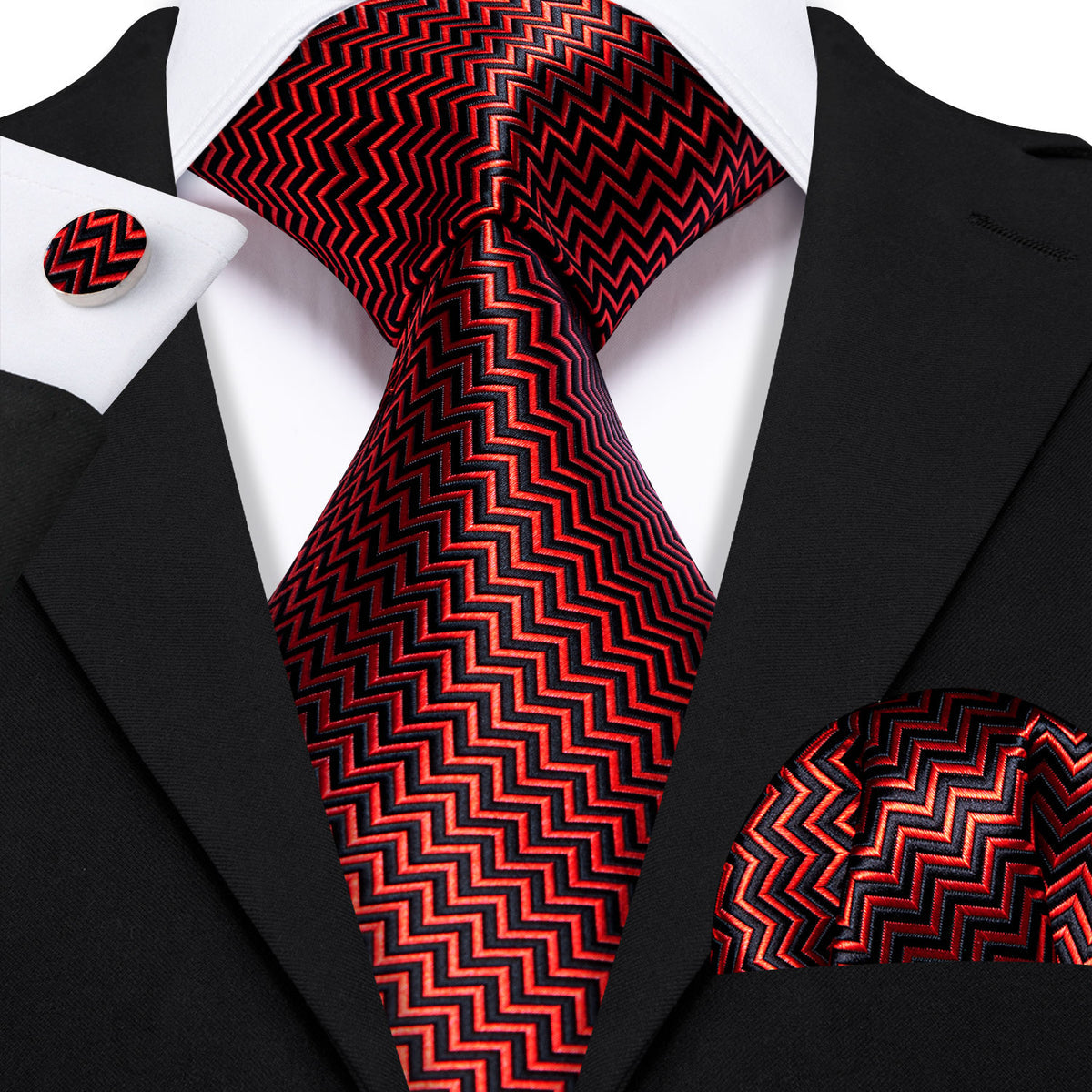 Red Black Striped Silk Tie, Pocket Square and Cufflinks Set tie sets    - Sophisticated Gentlemen