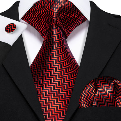 Red Black Striped Silk Tie, Pocket Square and Cufflinks Set tie sets    - Sophisticated Gentlemen