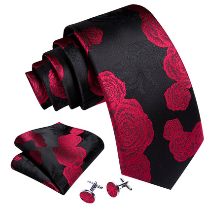 Black Red Flower Silk Tie, Pocket Square and Cufflinks Set tie sets    - Sophisticated Gentlemen