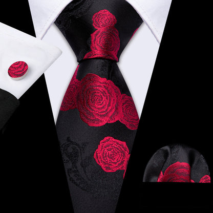 Black Red Flower Silk Tie, Pocket Square and Cufflinks Set tie sets    - Sophisticated Gentlemen