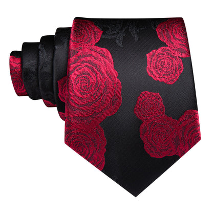 Black Red Flower Silk Tie, Pocket Square and Cufflinks Set tie sets    - Sophisticated Gentlemen