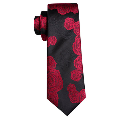 Black Red Flower Silk Tie, Pocket Square and Cufflinks Set tie sets    - Sophisticated Gentlemen
