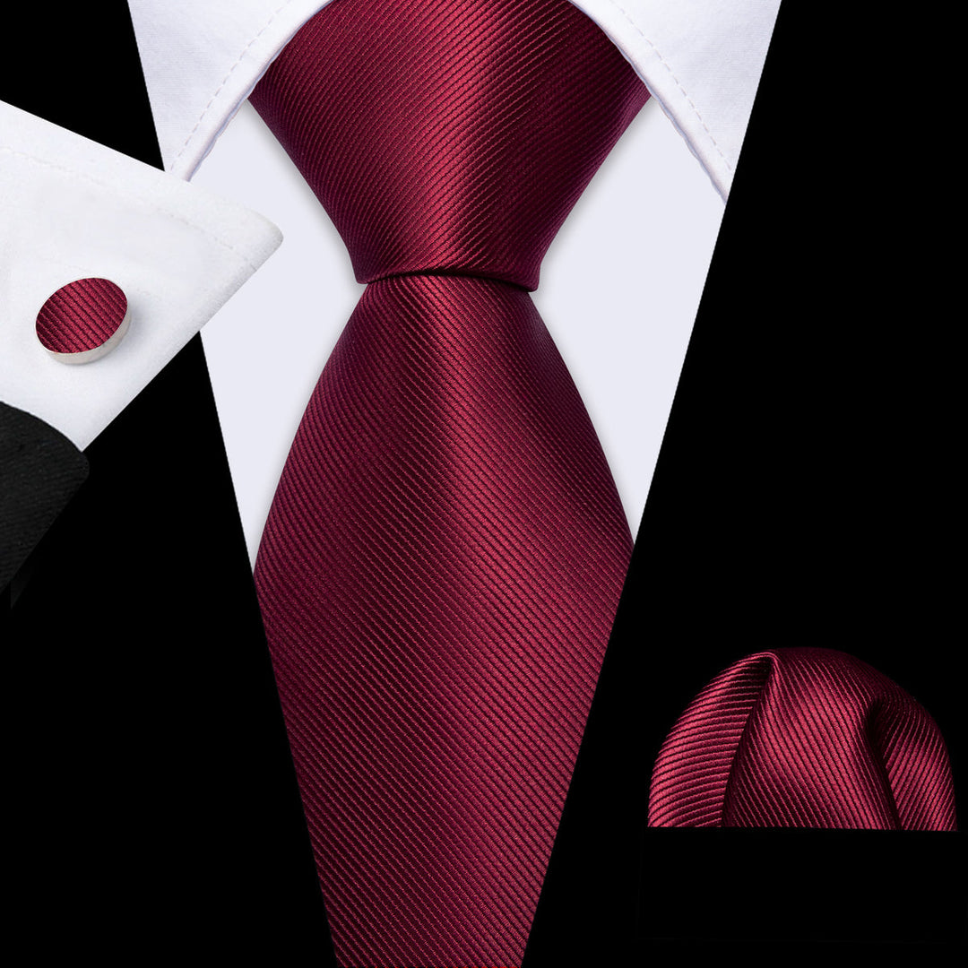 Burgundy Red Solid Tie, Pocket Square and Cufflinks Set tie sets    - Sophisticated Gentlemen