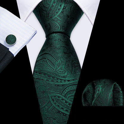 Green Jacquard Paisley Silk Tie, Pocket Square and Cufflinks Set tie sets    - Sophisticated Gentlemen