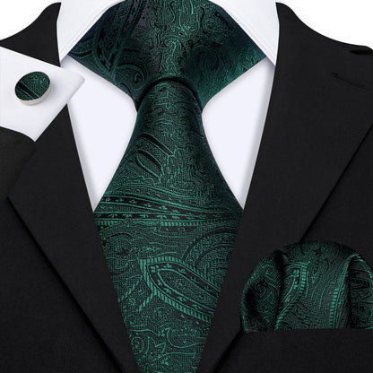 Green Jacquard Paisley Silk Tie, Pocket Square and Cufflinks Set tie sets    - Sophisticated Gentlemen