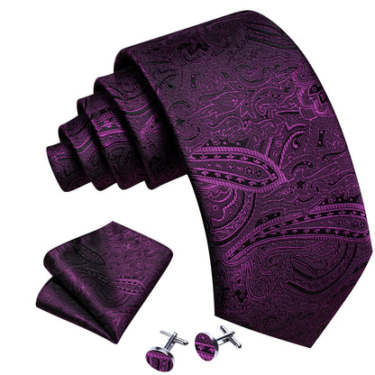 Purple Azalea Paisley Silk Tie, Pocket Square and Cufflinks Set tie sets    - Sophisticated Gentlemen