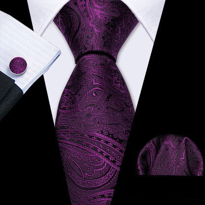 Purple Azalea Paisley Silk Tie, Pocket Square and Cufflinks Set tie sets    - Sophisticated Gentlemen