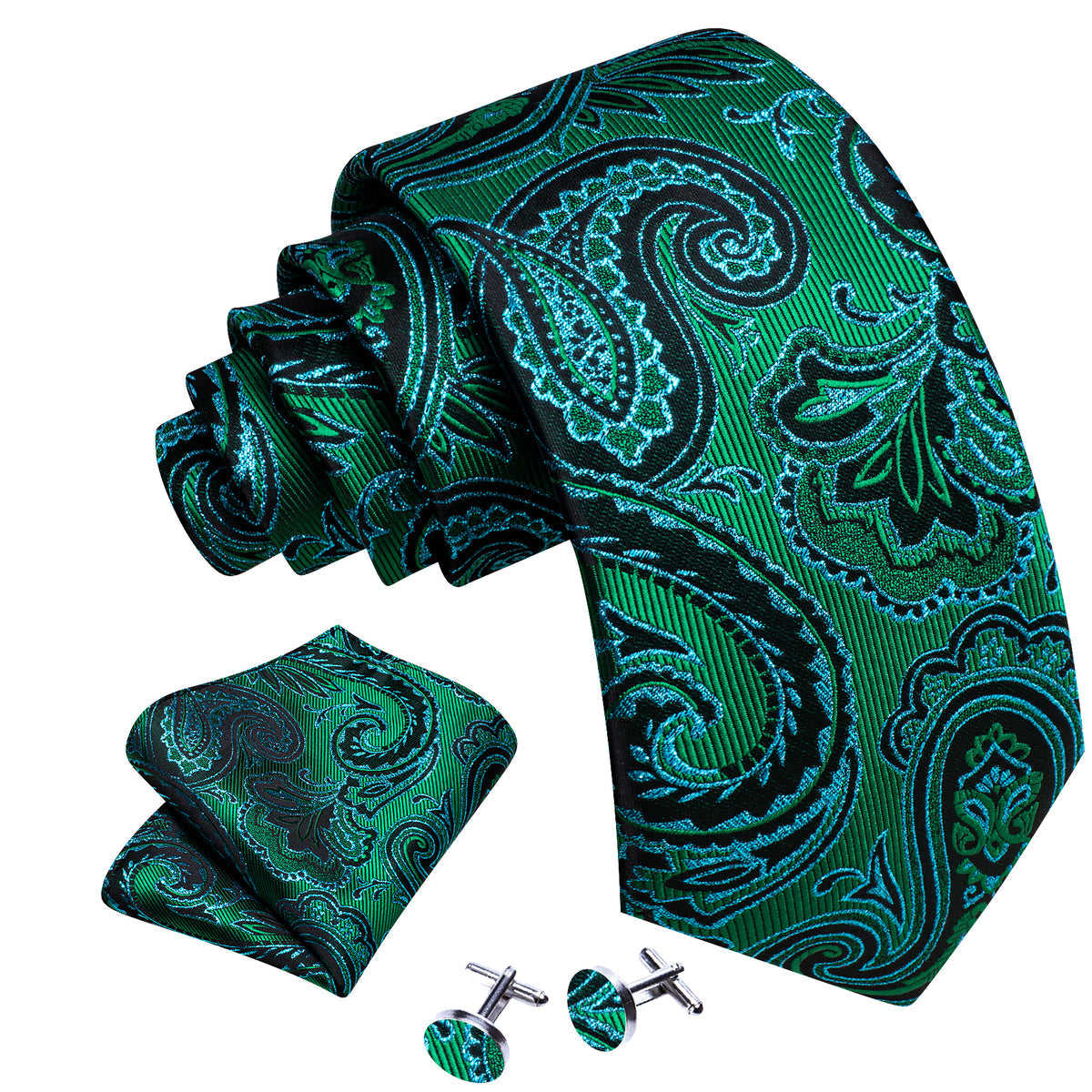 Blue Green Paisley Silk Tie, Pocket Square and Cufflinks Set tie sets    - Sophisticated Gentlemen