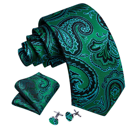Blue Green Paisley Silk Tie, Pocket Square and Cufflinks Set tie sets    - Sophisticated Gentlemen
