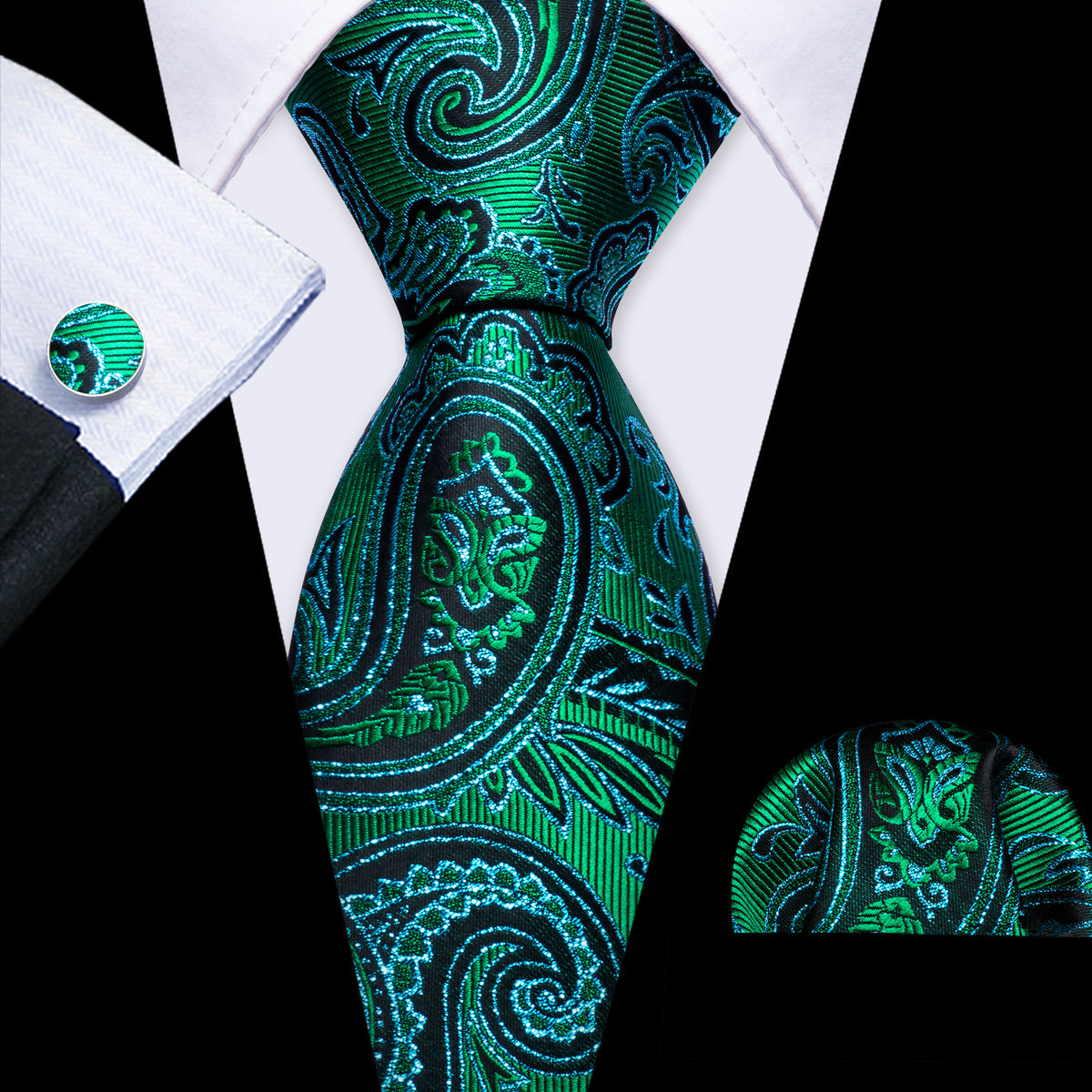 Blue Green Paisley Silk Tie, Pocket Square and Cufflinks Set tie sets    - Sophisticated Gentlemen