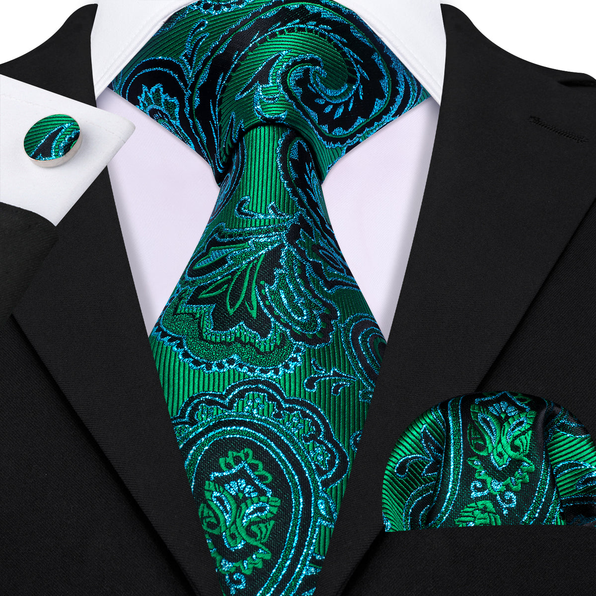 Blue Green Paisley Silk Tie, Pocket Square and Cufflinks Set tie sets    - Sophisticated Gentlemen