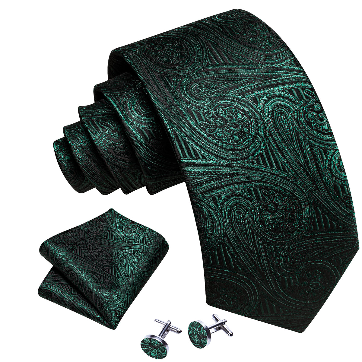 Green Dark Olive Green Paisley Silk Tie, Pocket Square and Cufflinks Set tie sets    - Sophisticated Gentlemen