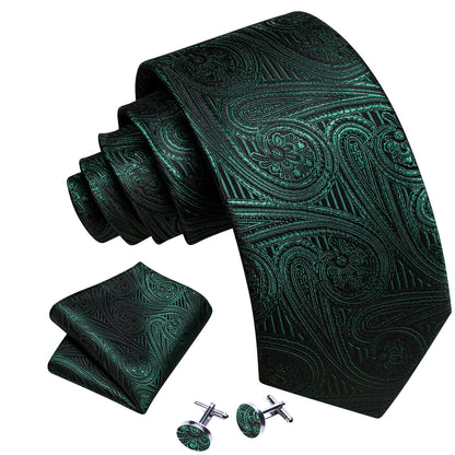 Green Dark Olive Green Paisley Silk Tie, Pocket Square and Cufflinks Set tie sets    - Sophisticated Gentlemen