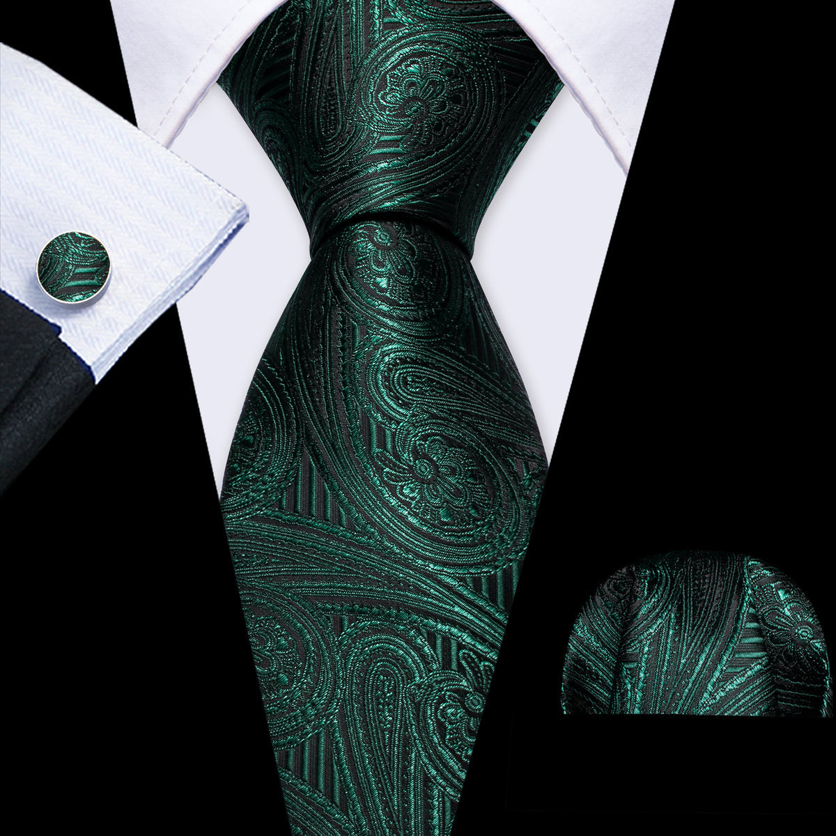 Green Dark Olive Green Paisley Silk Tie, Pocket Square and Cufflinks Set tie sets    - Sophisticated Gentlemen