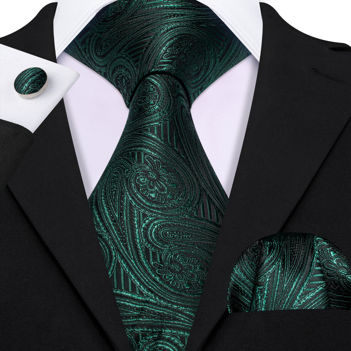 Green Dark Olive Green Paisley Silk Tie, Pocket Square and Cufflinks Set tie sets    - Sophisticated Gentlemen
