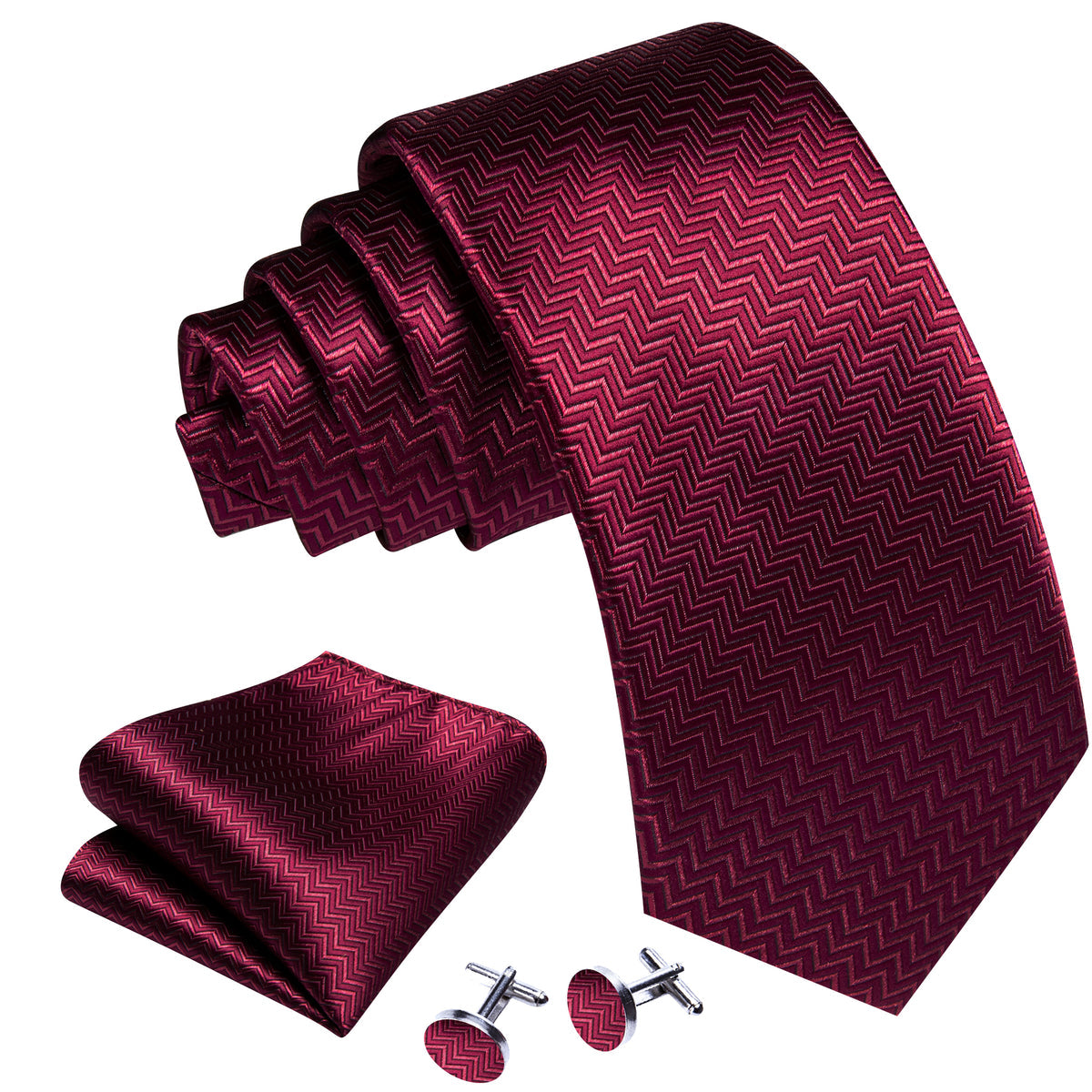 Dark Red Ripple Silk Tie, Pocket Square and Cufflinks Set tie sets    - Sophisticated Gentlemen