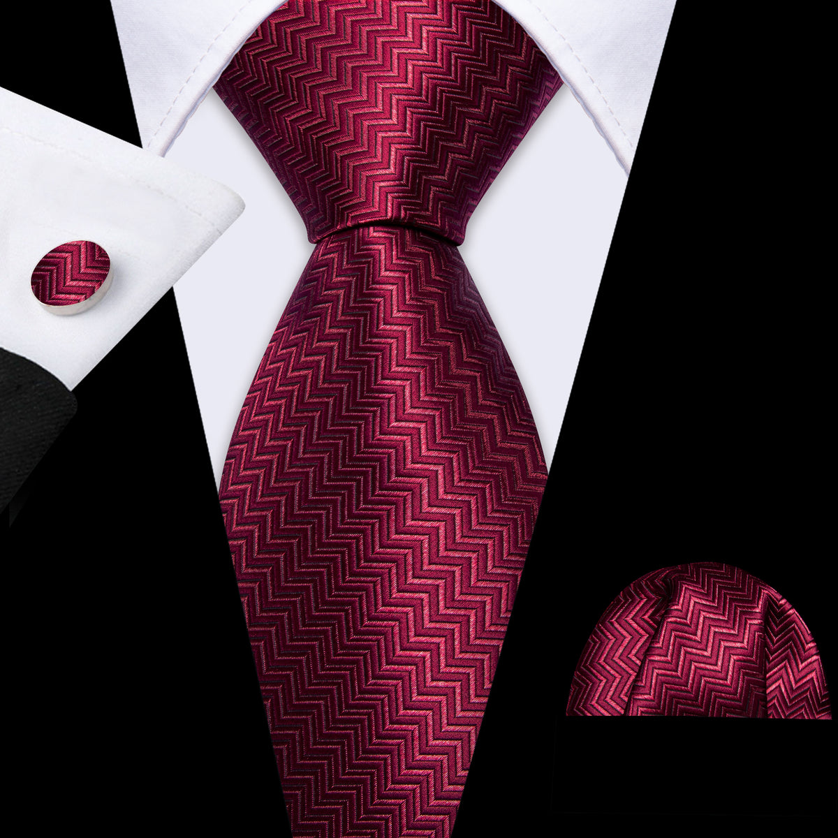 Dark Red Ripple Silk Tie, Pocket Square and Cufflinks Set tie sets    - Sophisticated Gentlemen