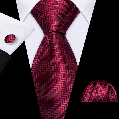 Dark Red Ripple Silk Tie, Pocket Square and Cufflinks Set tie sets    - Sophisticated Gentlemen