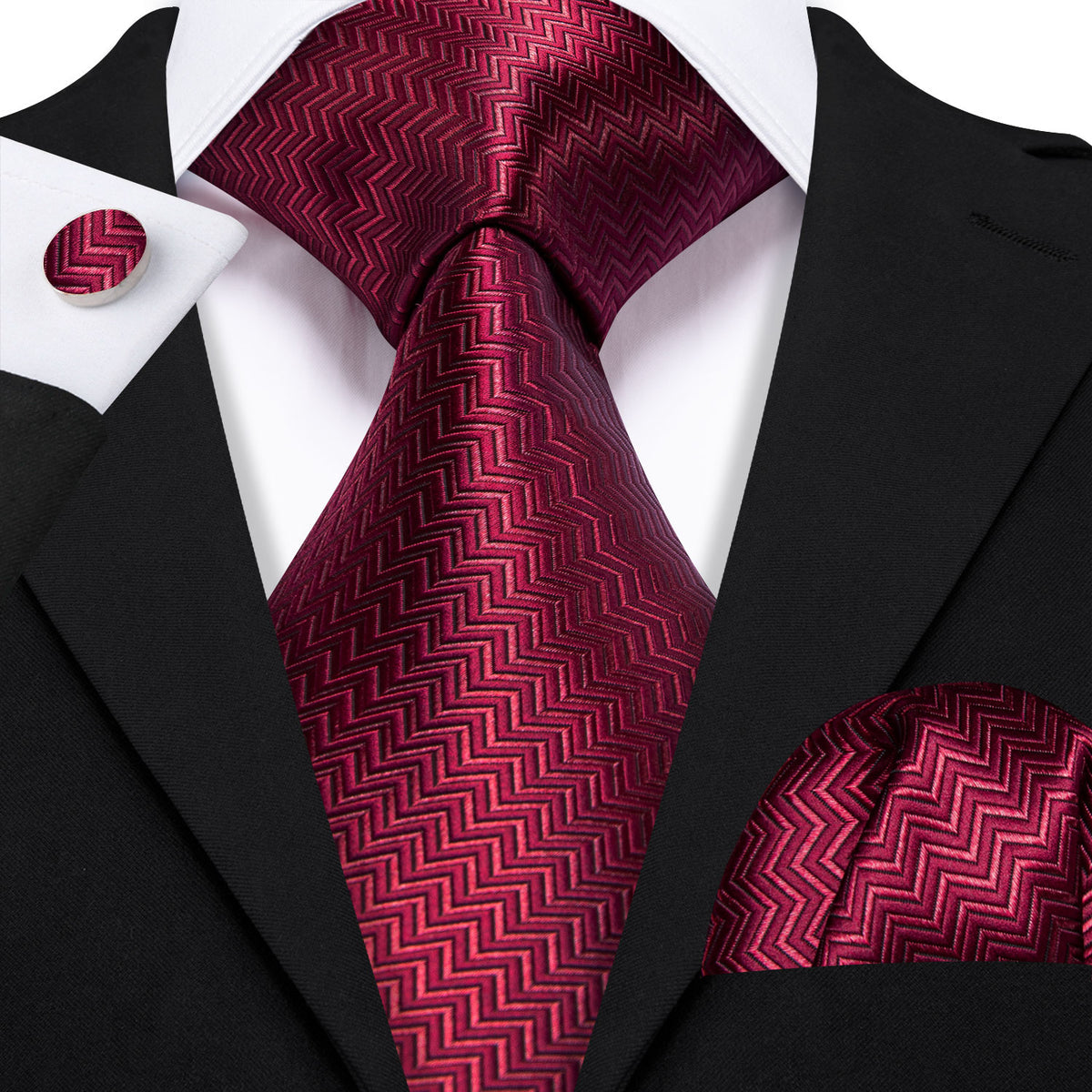 Dark Red Ripple Silk Tie, Pocket Square and Cufflinks Set tie sets    - Sophisticated Gentlemen