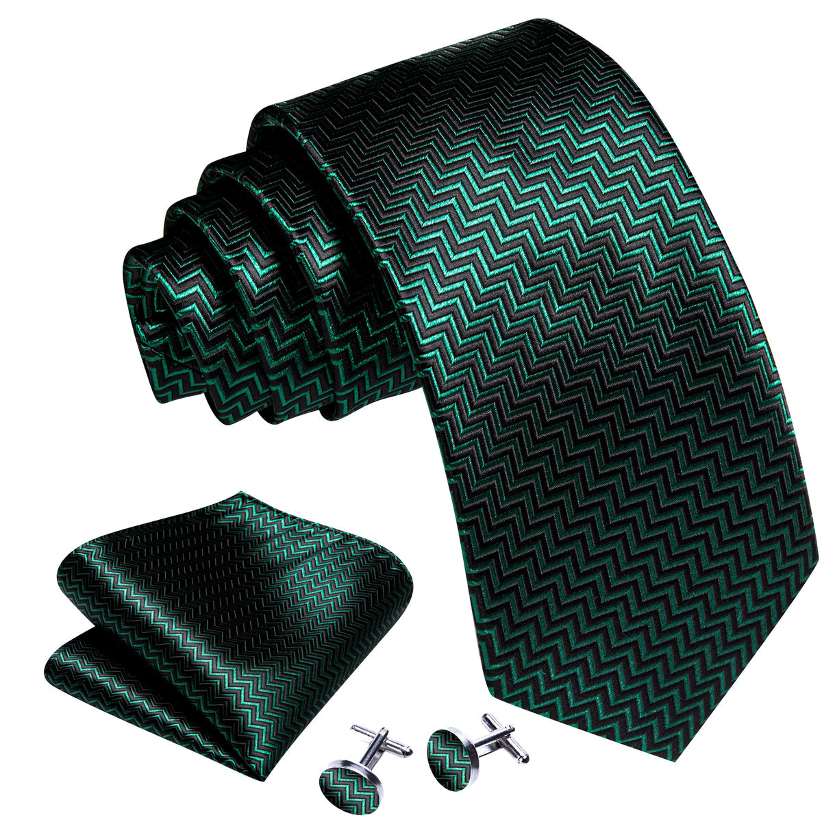 Green Black Ripple Silk Tie, Pocket Square and Cufflinks Set tie sets    - Sophisticated Gentlemen
