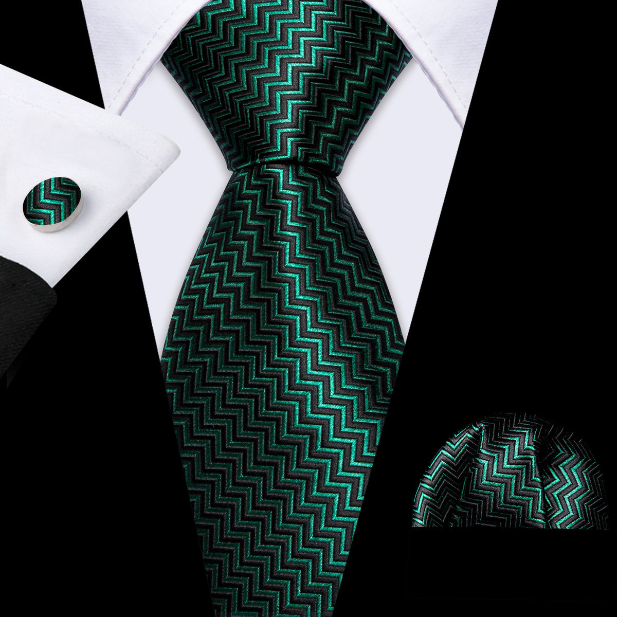 Green Black Ripple Silk Tie, Pocket Square and Cufflinks Set tie sets    - Sophisticated Gentlemen
