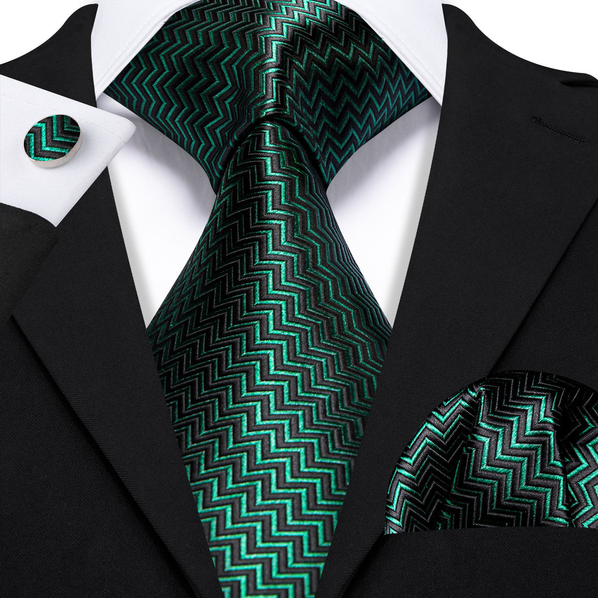 Green Black Ripple Silk Tie, Pocket Square and Cufflinks Set tie sets    - Sophisticated Gentlemen