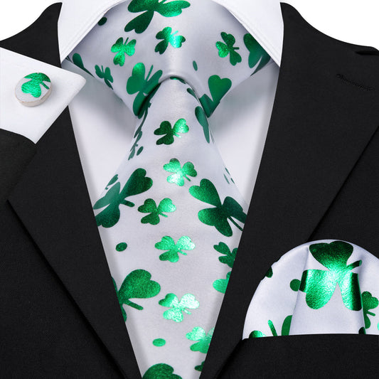 White and Green Clover Tie, Pocket Square and Cufflinks tie sets Default Title - Sophisticated Gentlemen