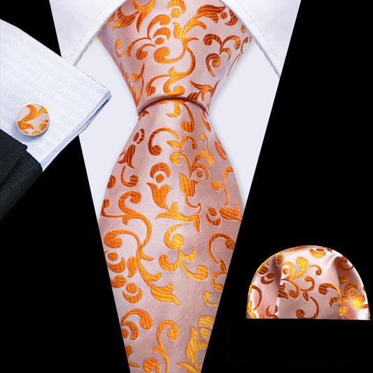 Pink Orange Floral Silk Tie, Pocket Square and Cufflinks Set tie sets    - Sophisticated Gentlemen