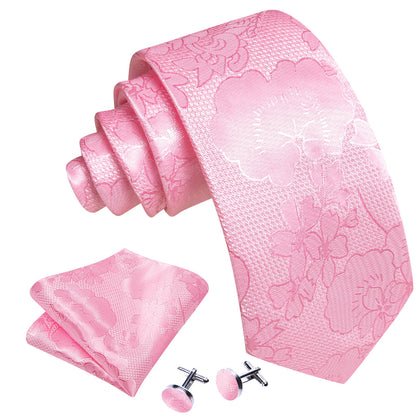 Bright Pink Flower Silk Tie, Pocket Square and Cufflinks Set tie sets    - Sophisticated Gentlemen