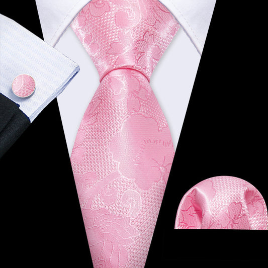 Bright Pink Flower Silk Tie, Pocket Square and Cufflinks Set tie sets    - Sophisticated Gentlemen