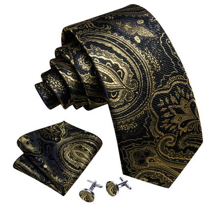Black Gold Paisley Silk Tie, Pocket Square and Cufflinks Set tie sets    - Sophisticated Gentlemen