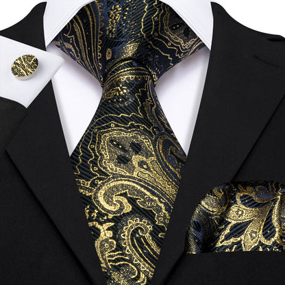 Black Gold Paisley Silk Tie, Pocket Square and Cufflinks Set tie sets    - Sophisticated Gentlemen