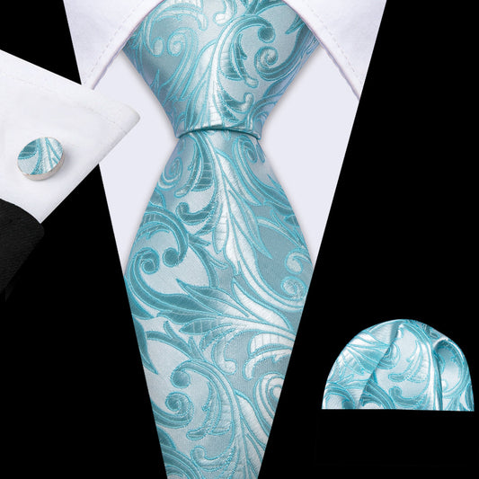 Floral Sea Foam Silk Tie, Pocket Square and Cufflinks Set tie sets    - Sophisticated Gentlemen